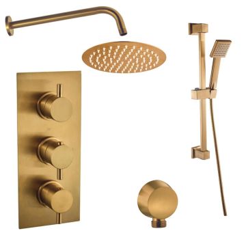 Noveua Islington Concealed Thermostatic Shower Valve with Outlet Elbow, Sliding Rail Kit, Wall Arm and Fixed Head - Brushed Brass