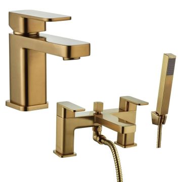 Noveua Newbury Mono Basin Mixer with Click Clack Waste & Bath Shower Mixer Tap Set - Brushed Brass