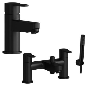 Noveua Acton Mono Basin Mixer with Click Clack Waste & Bath Mixer Shower Tap Set - Matt Black