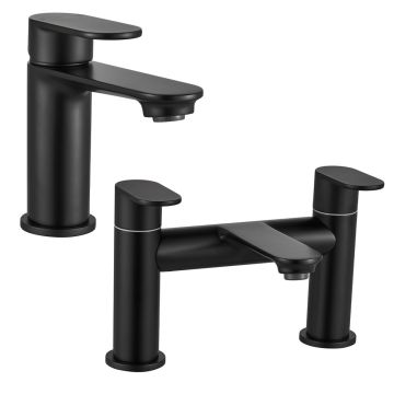 Noveua Preston Basin Mixer & Push Button Waste & Bath Filler Tap Set - Matt Black