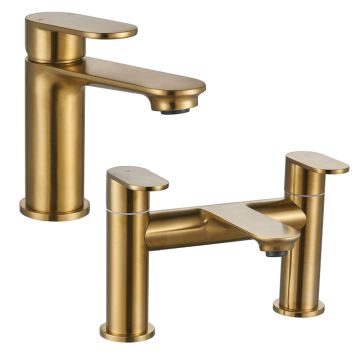 Noveua Preston Basin Mixer & Push Button Waste & Bath Filler Tap Set - Brushed Brass