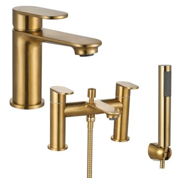 Noveua Preston Basin Mixer & Push Button Waste & Bath Shower Mixer Tap Set - Brushed Brass