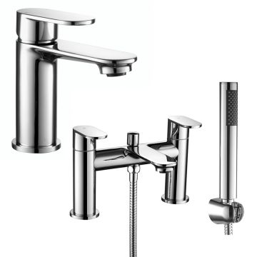 Noveua Preston Basin Mixer & Push Button Waste & Bath Shower Mixer Tap Set - Chrome
